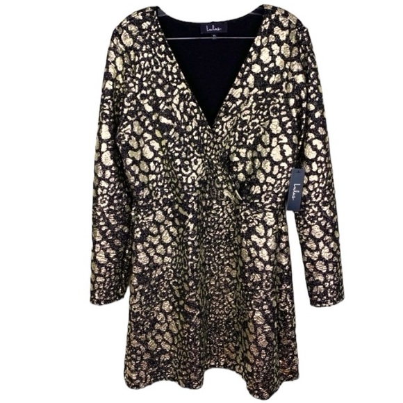 LULUS NEW Thrill Me Black & Gold
Cheetah Surplice Dress size M - Picture 5 of 12